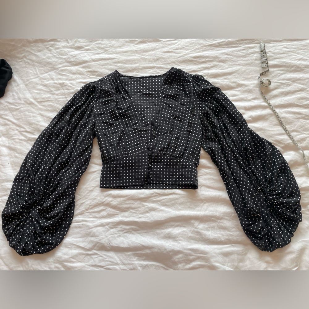 Black Silk Polka Dot Women's V Crop Blouse